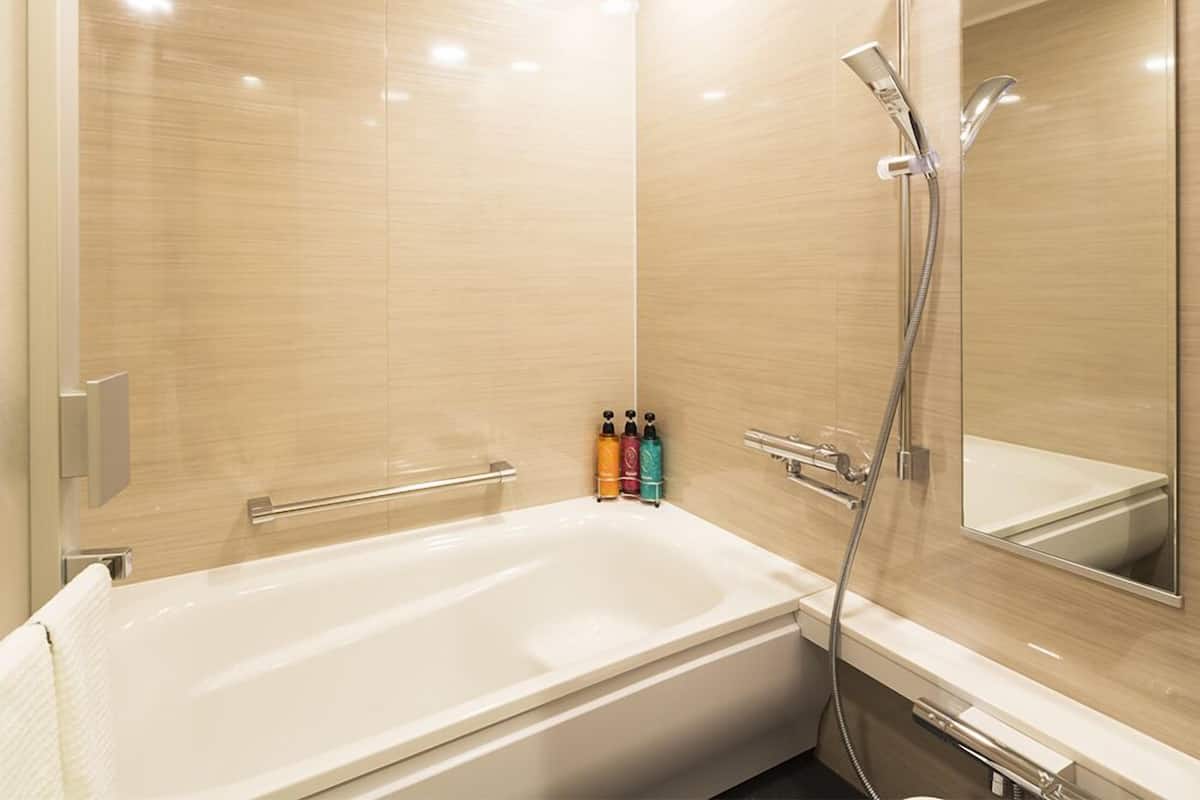 combined shower/bathtub, deep-soaking bathtub, hair dryer, slippers