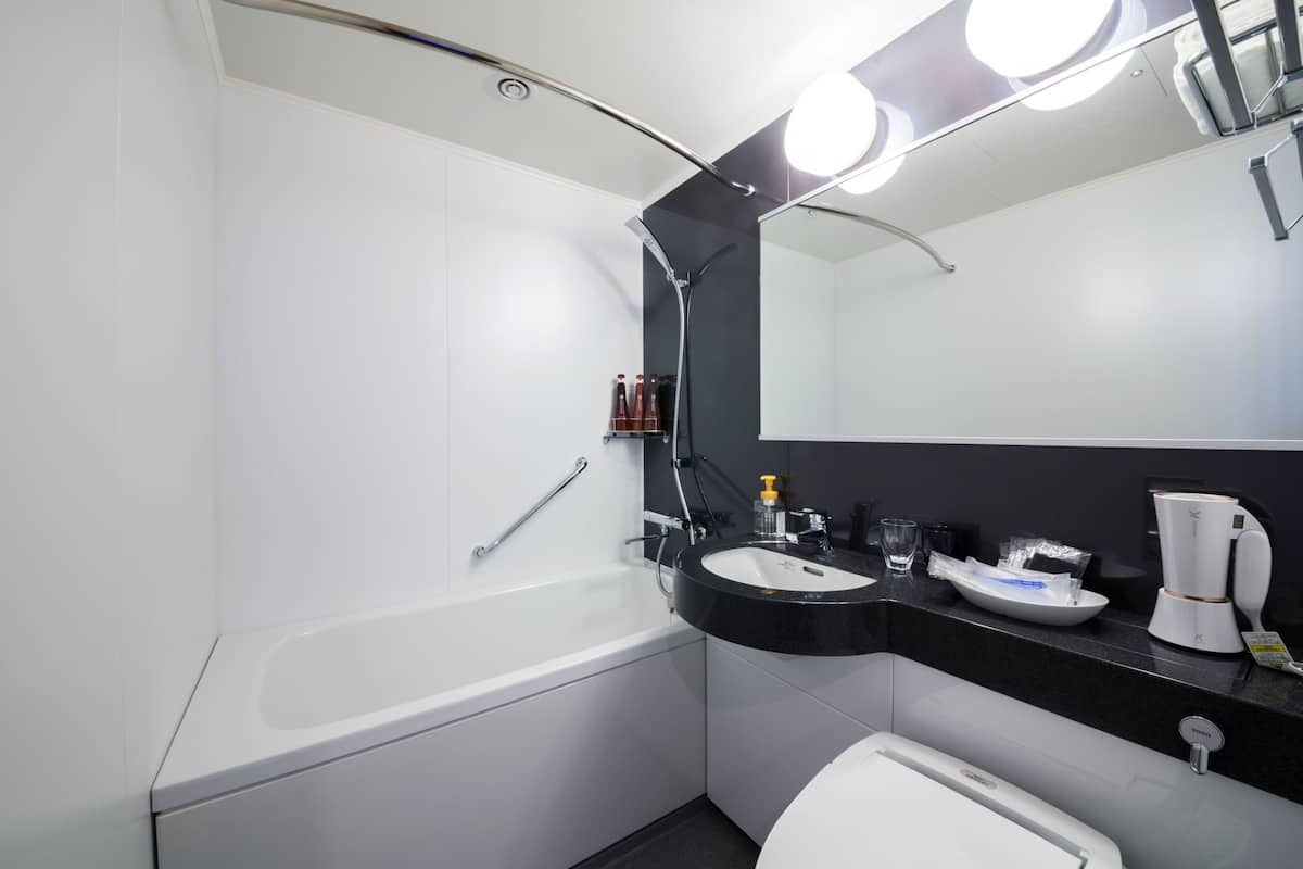 combined shower/bathtub, deep-soaking bathtub, hair dryer, slippers