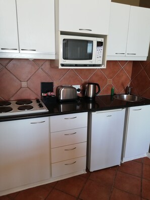 A compact kitchen with a gas stove, a microwave, a toaster, and a sink.