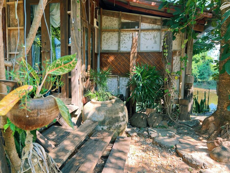 A rustic wooden structure with a thatched roof, surrounded by greenery and a small stream.