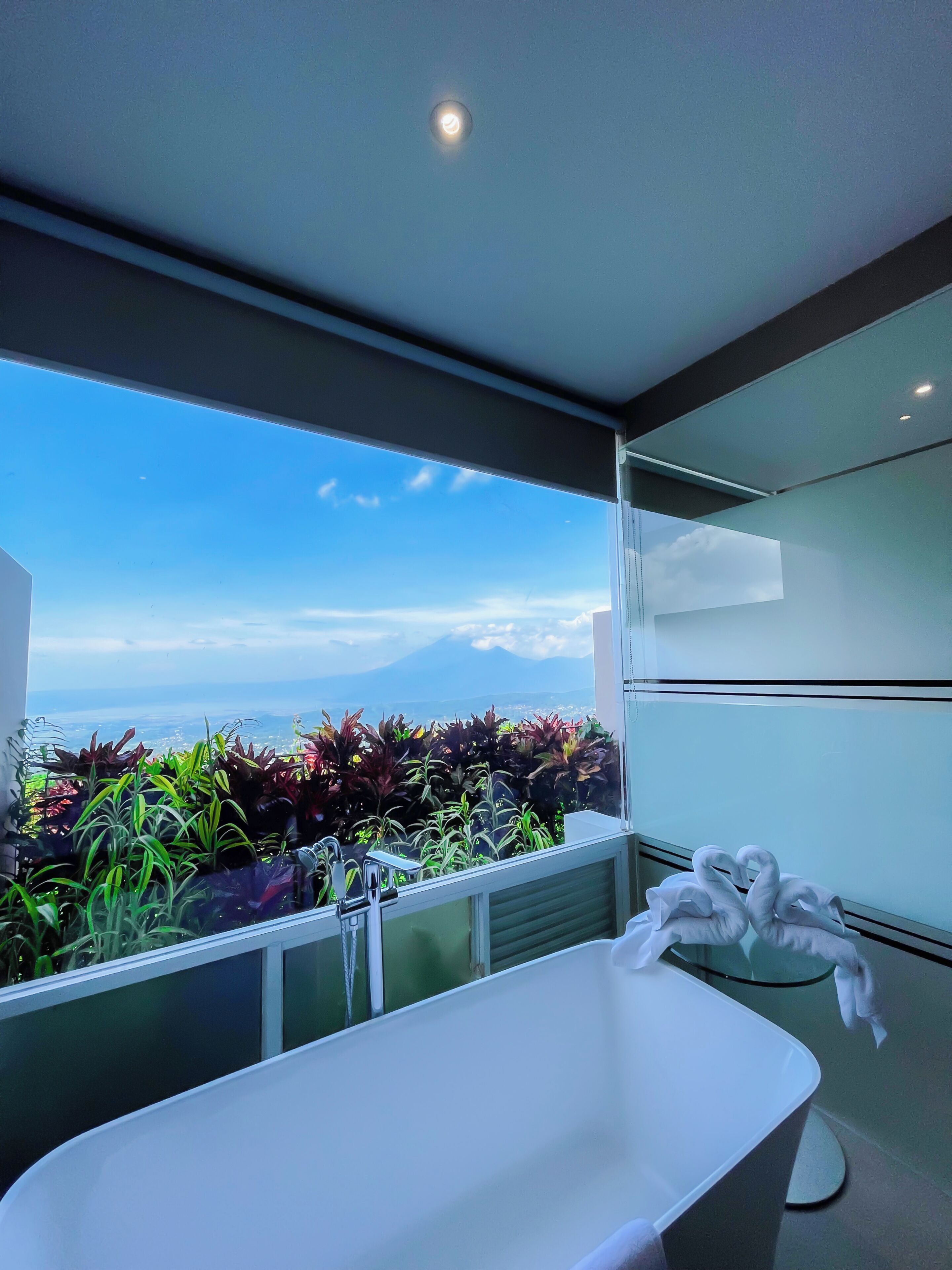 A modern bathroom with a bathtub, a shower, and a view of a mountain landscape.