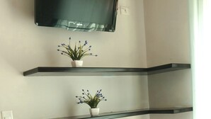 A room with a flat-screen TV mounted on the wall, two glass shelves with potted plants, and a red carpeted floor. - Metropoli Suites Ejecutivas (Puebla)