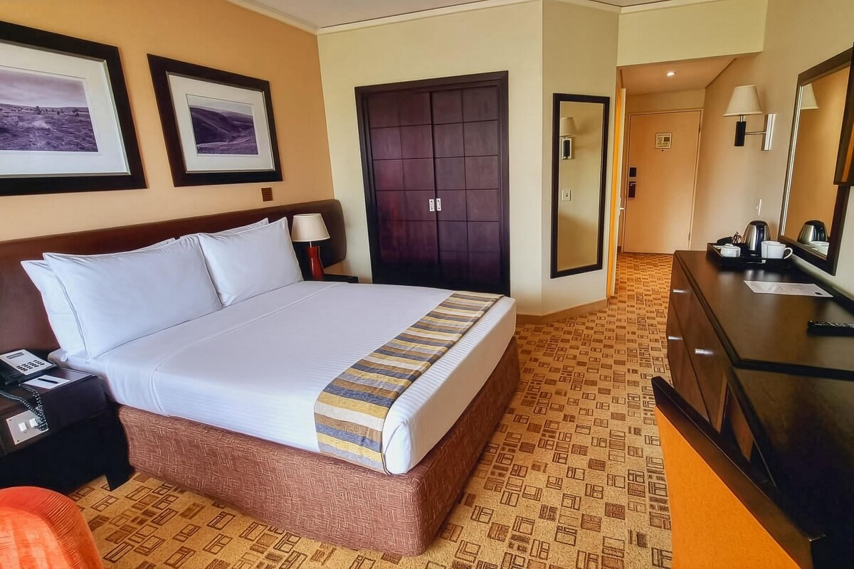 A hotel room with a bed, a desk, a dresser, a mirror, and two framed pictures on the wall.