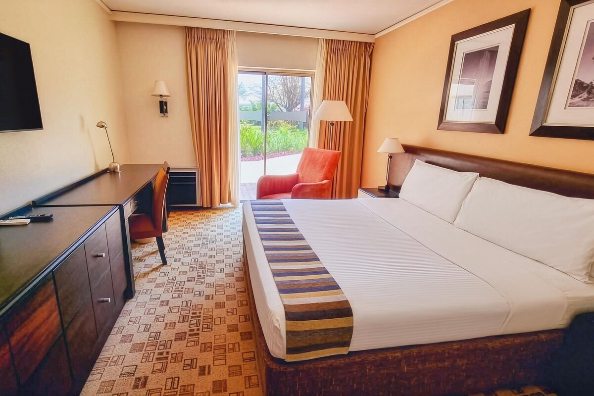 A hotel room with a bed, a desk, a chair, a television, and a window with curtains.