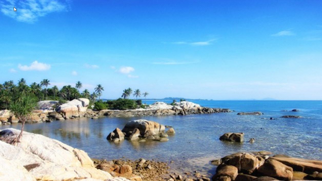 Una costa rocosa con agua cristalina, palmeras y montañas a lo lejos.