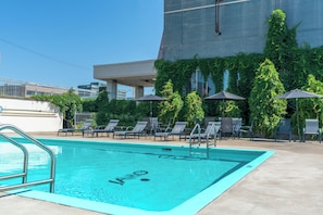 Seasonal outdoor pool, open 10:00 AM to 8:00 PM, pool loungers
