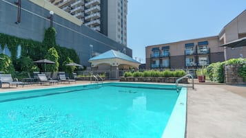 Seasonal outdoor pool, open 10:00 AM to 8:00 PM, sun loungers