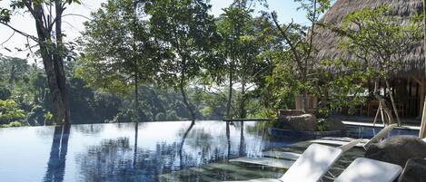 Una piscina infinita de agua cristalina, rodeada de árboles y una estructura con techo de paja.