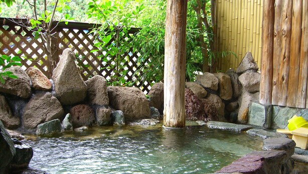 Un jardin de rocaille avec un petit étang, entouré de bambous et de structures en bois.