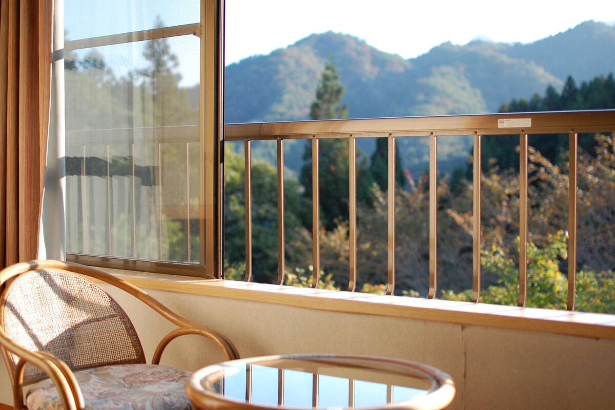A room with a view of mountains through a window with a metal railing.