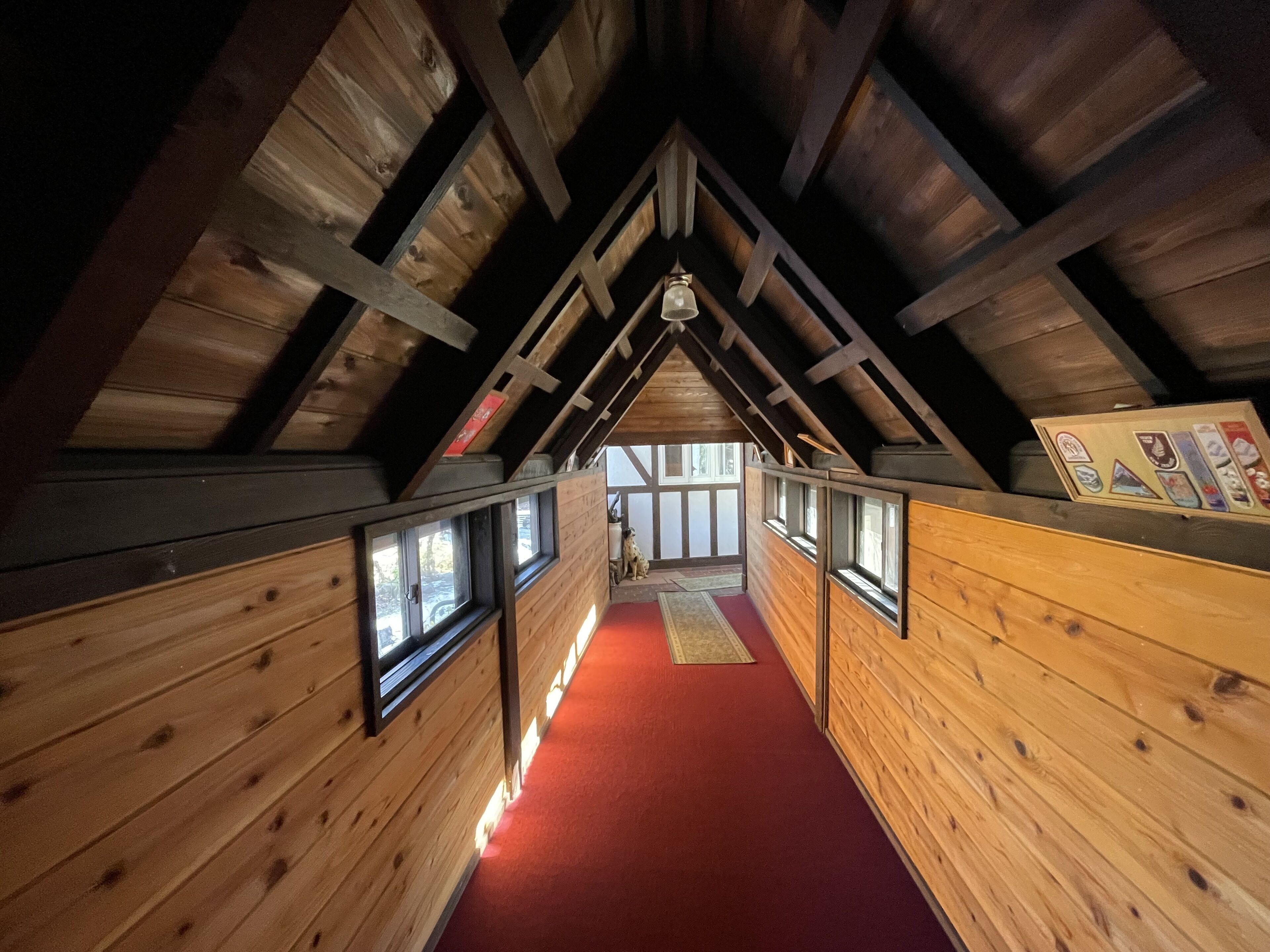 A wooden interior with a red carpet, wooden walls, and a sloped ceiling.