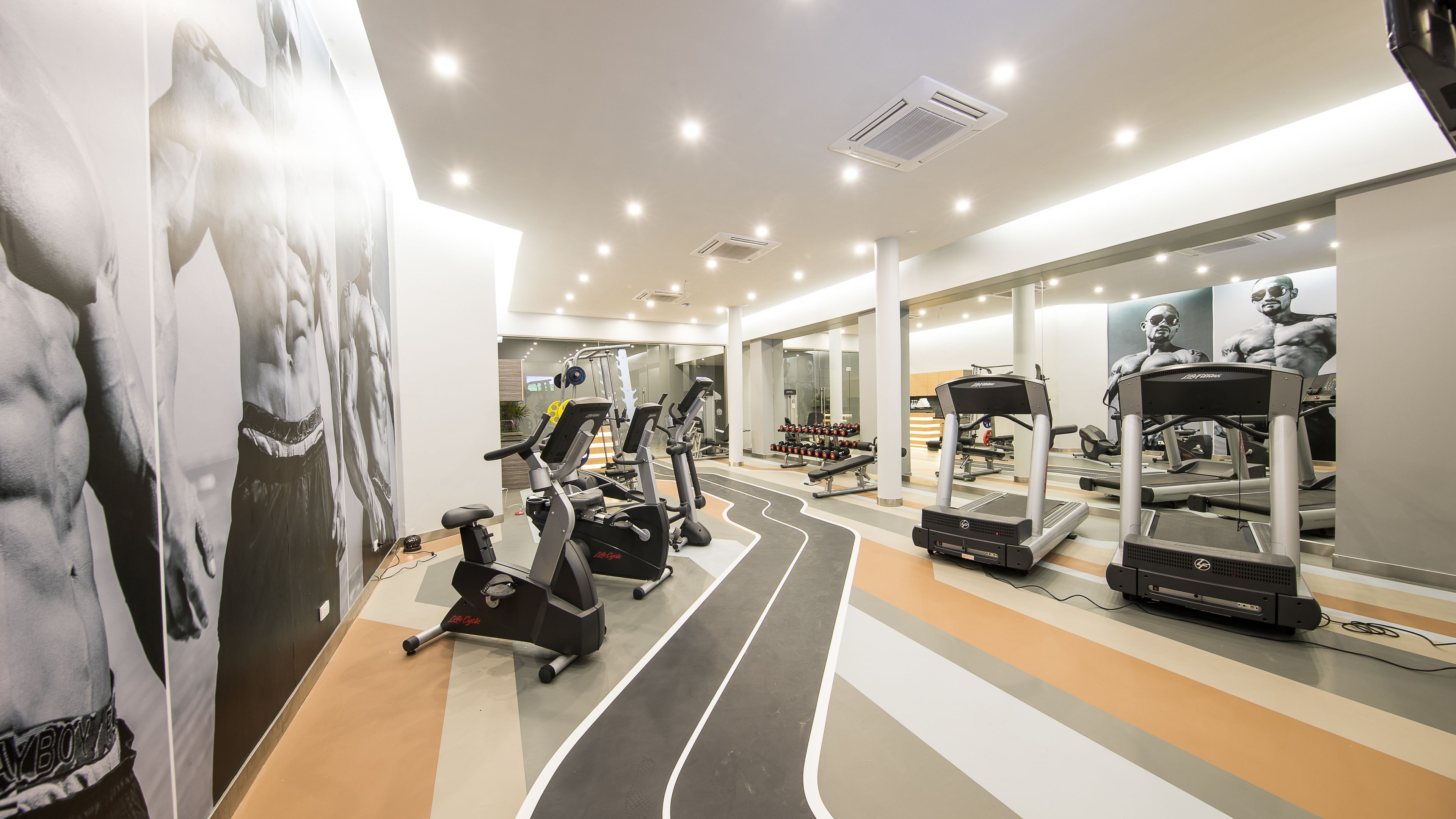 A modern gym with cardio machines, weight stations, and mirrors.