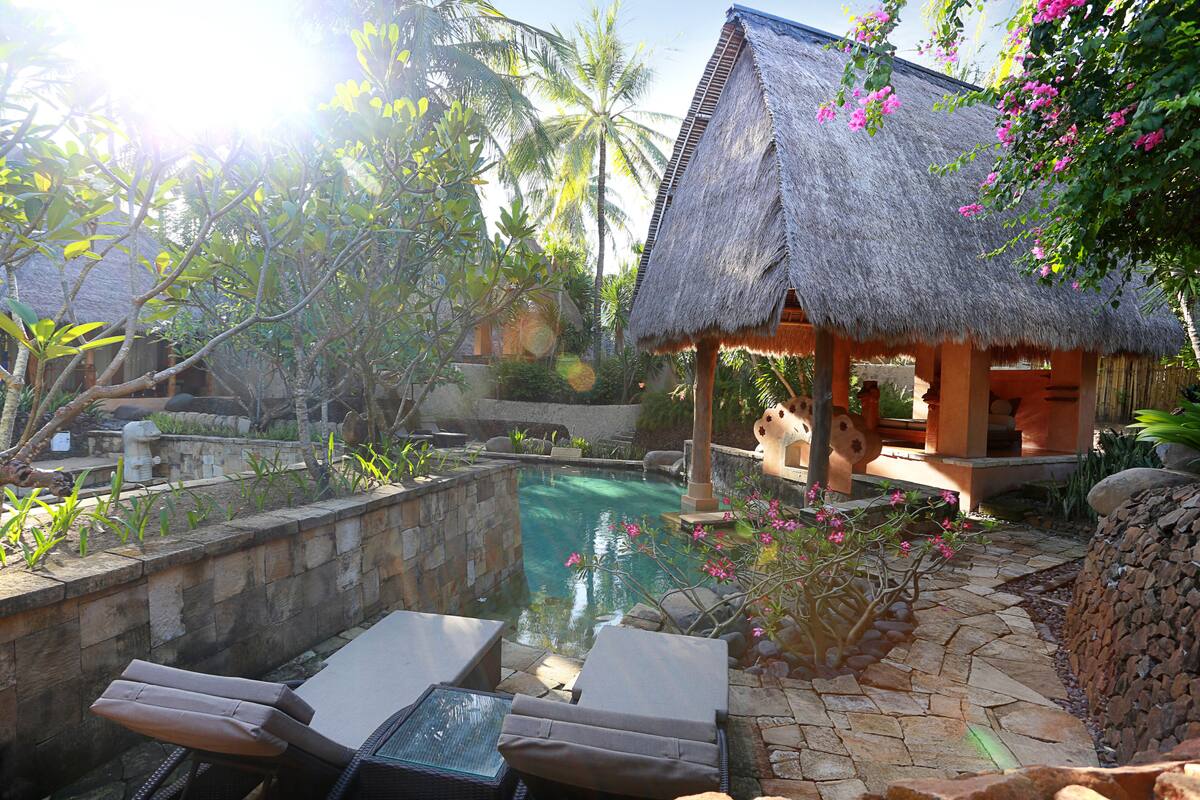 A pool area with lounge chairs, a thatched-roof structure, and tropical vegetation.