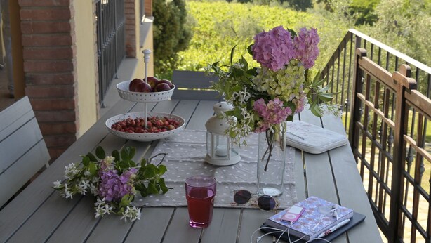 A table set outdoors with a view of a lush landscape. - Agriturismo Renai e Monte (Gambassi Terme)
