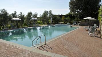 Outdoor pool, pool umbrellas, pool loungers
