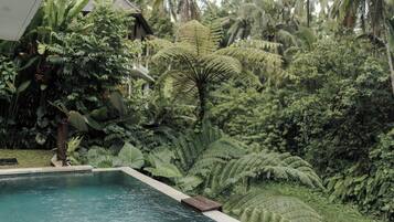 Una piscina al aire libre, sillones reclinables de piscina