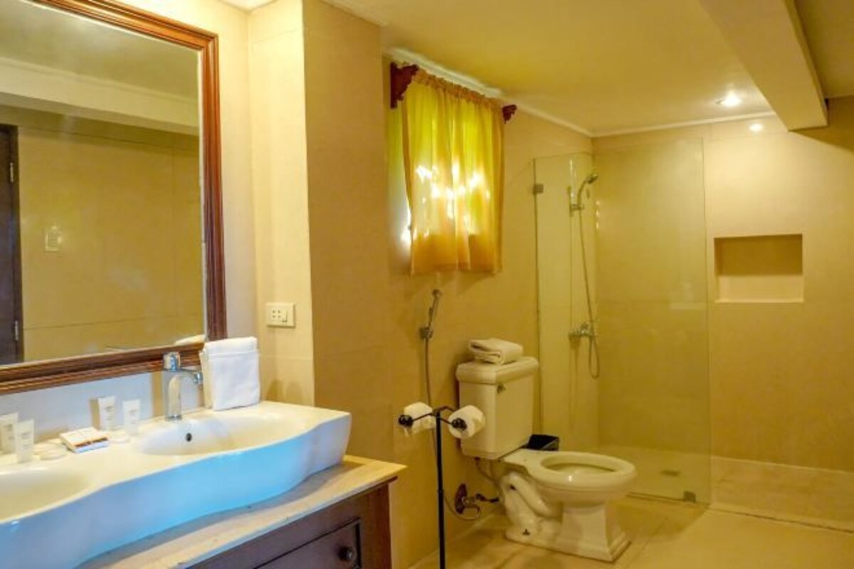 Une salle de bain équipée d’un lavabo, d’un miroir, de toilettes et d’une douche.