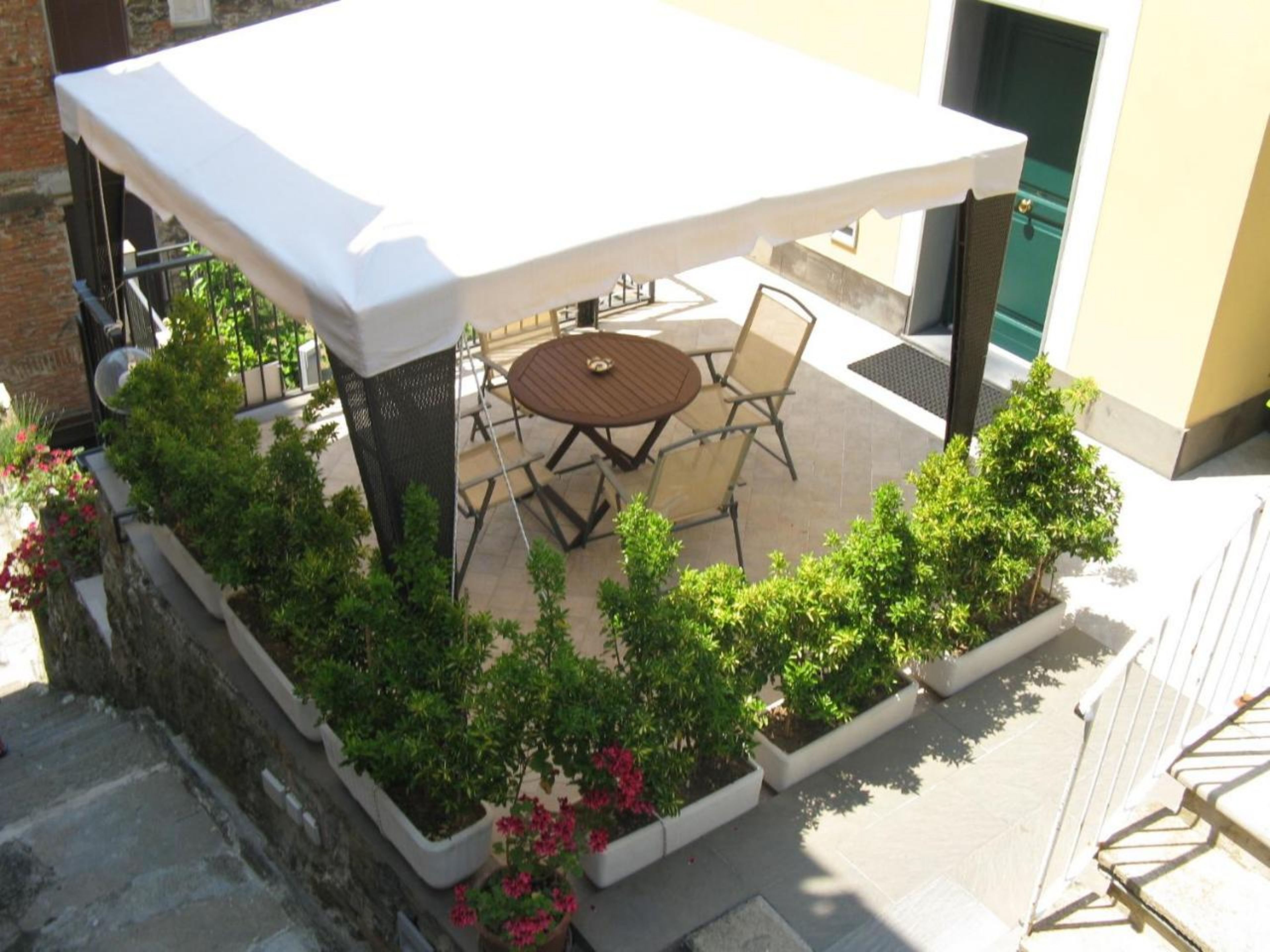 Un patio al aire libre con una mesa y sillas, rodeado de plantas en macetas y un dosel blanco.