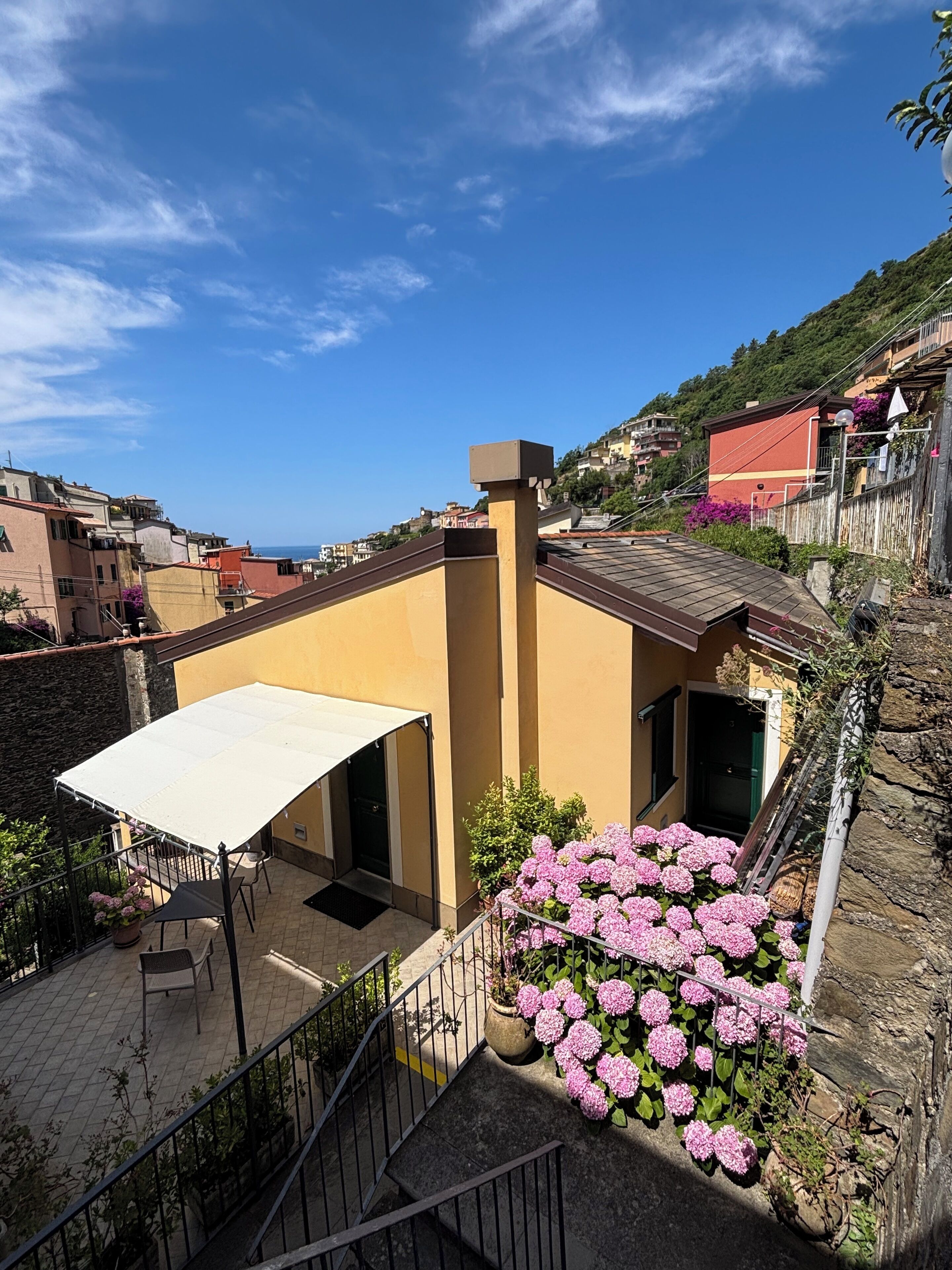 A residential building with a balcony, a white awning, and pink flowers.