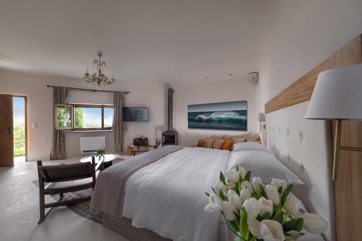 A bedroom with a large bed, a TV, a fireplace, and a window with curtains.
