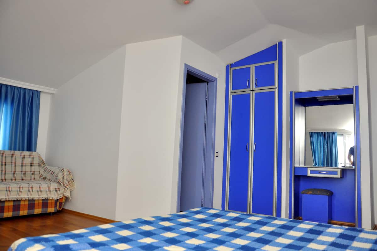 A bedroom with a checkered bedspread, a sofa, a wardrobe, and a mirror.
