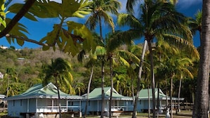 A beachfront property with multiple white buildings, each with a green roof, surrounded by palm trees and a clear blue sky.
