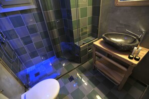 Une salle de bain moderne avec une douche à parois de verre, des toilettes blanches et un lavabo en pierre posé sur un meuble-lavabo en bois.