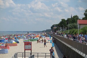 Una playa concurrida con sombrillas y gente.