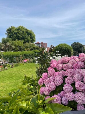 A well-maintained garden with a variety of flowers and lush greenery, a clear sky, and a house in the background. - Rosaire Guest House (Llandudno)