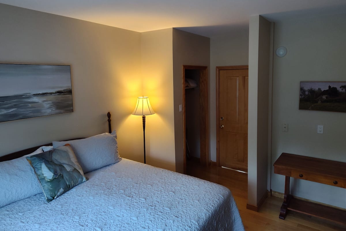A bedroom with a bed, a bedside lamp, a painting, and a wooden door.