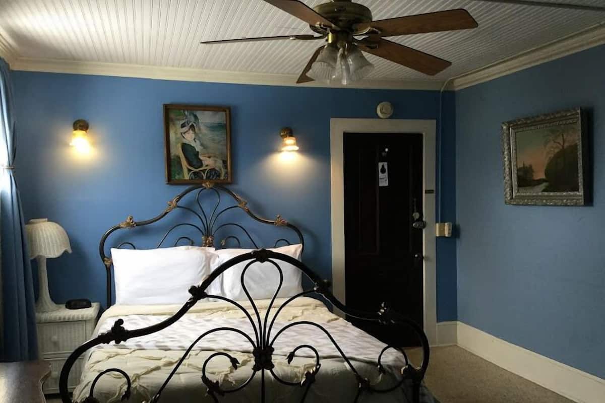 A bedroom with a bed, a ceiling fan, a painting, and a door.