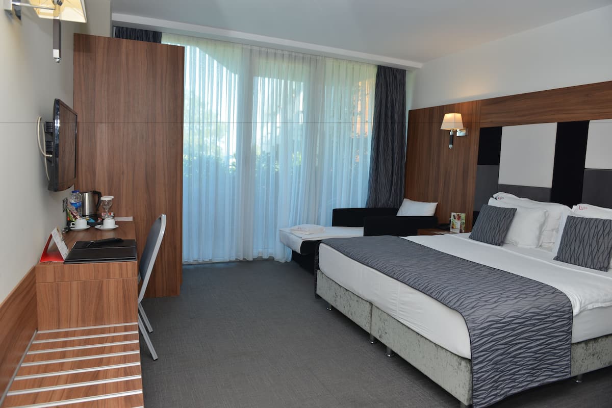 A modern hotel room with a large bed, a desk, and a TV.