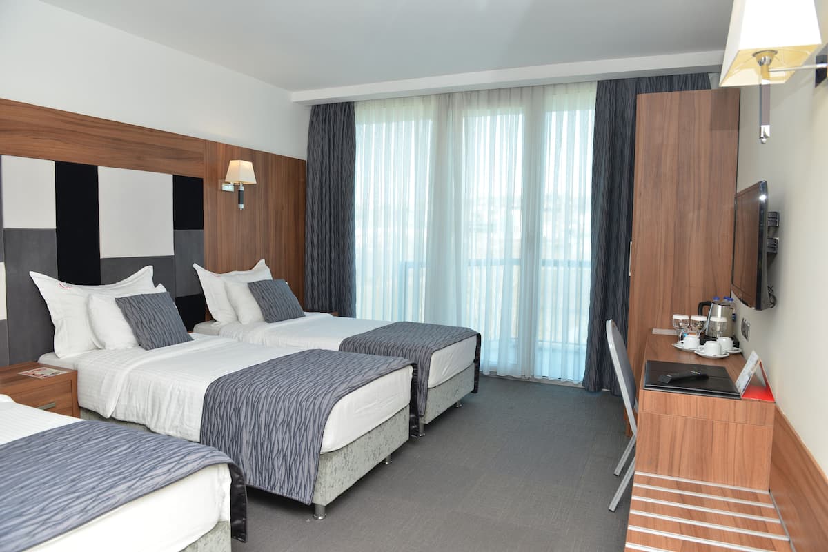A hotel room with two beds, a desk with a chair, a TV, and a window with curtains.