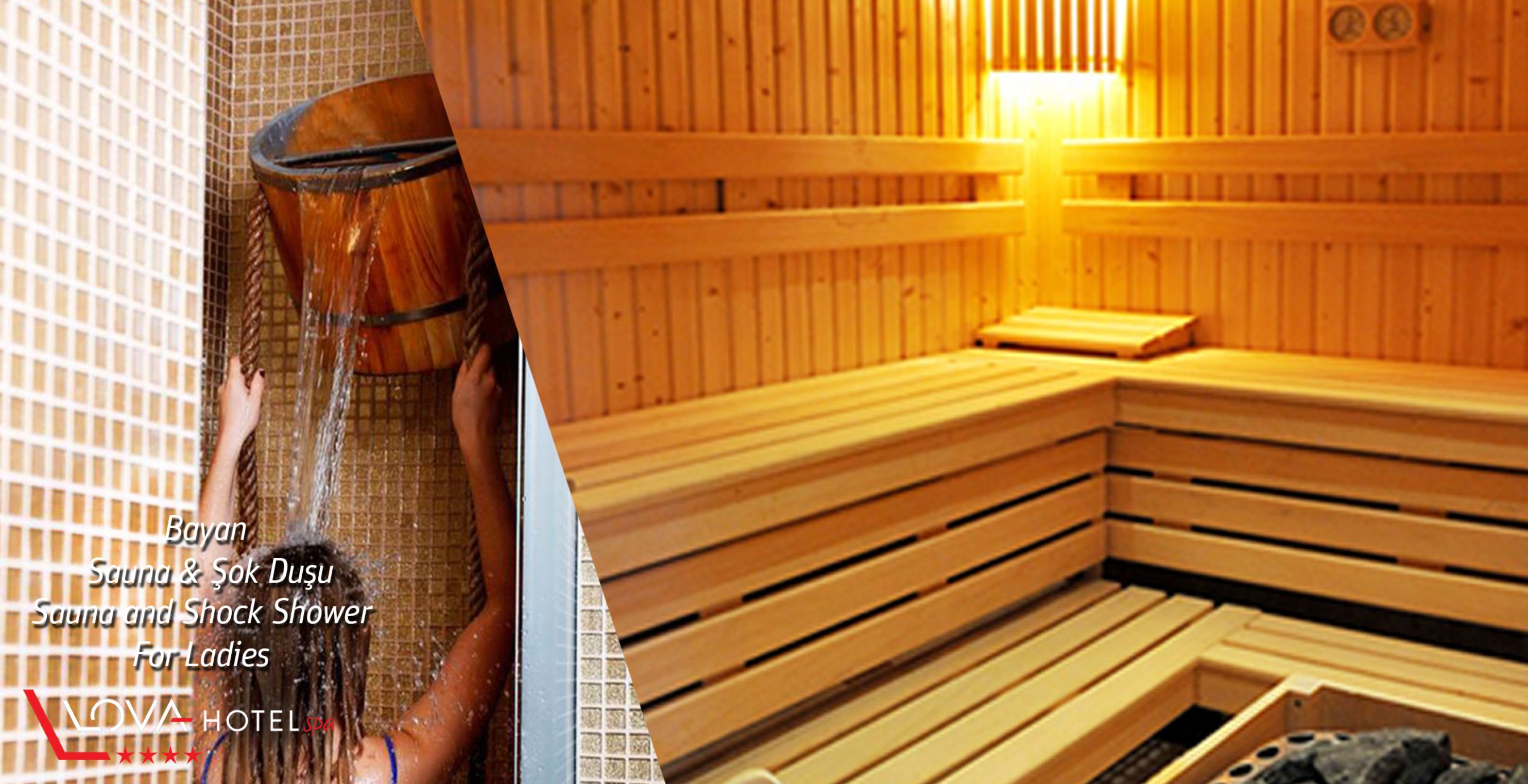 A wooden sauna with benches and a water feature.