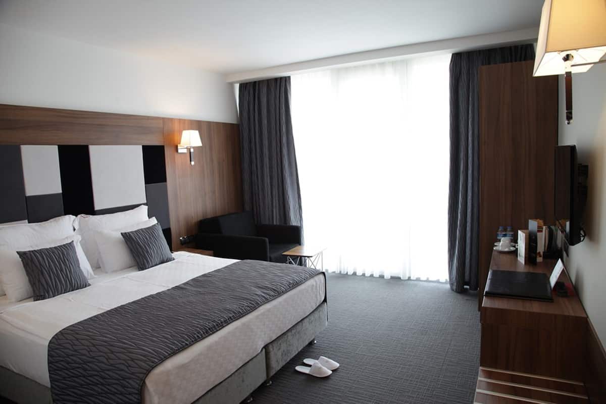 A hotel room with a large bed, a desk, a chair, and a TV.