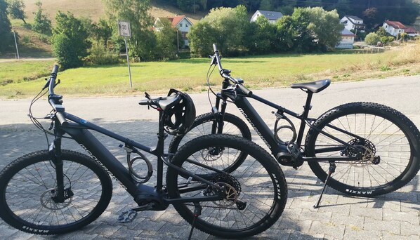 Two bicycles parked on a paved area with a speed limit sign indicating 30 km/h. - Hotel Landgasthof Grüner Baum (Oberzent)