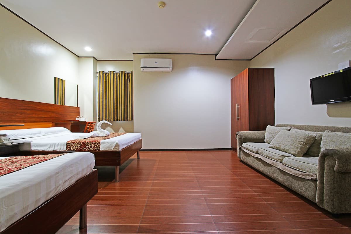 A hotel room with a bed, a sofa, a television, and an air conditioning unit.