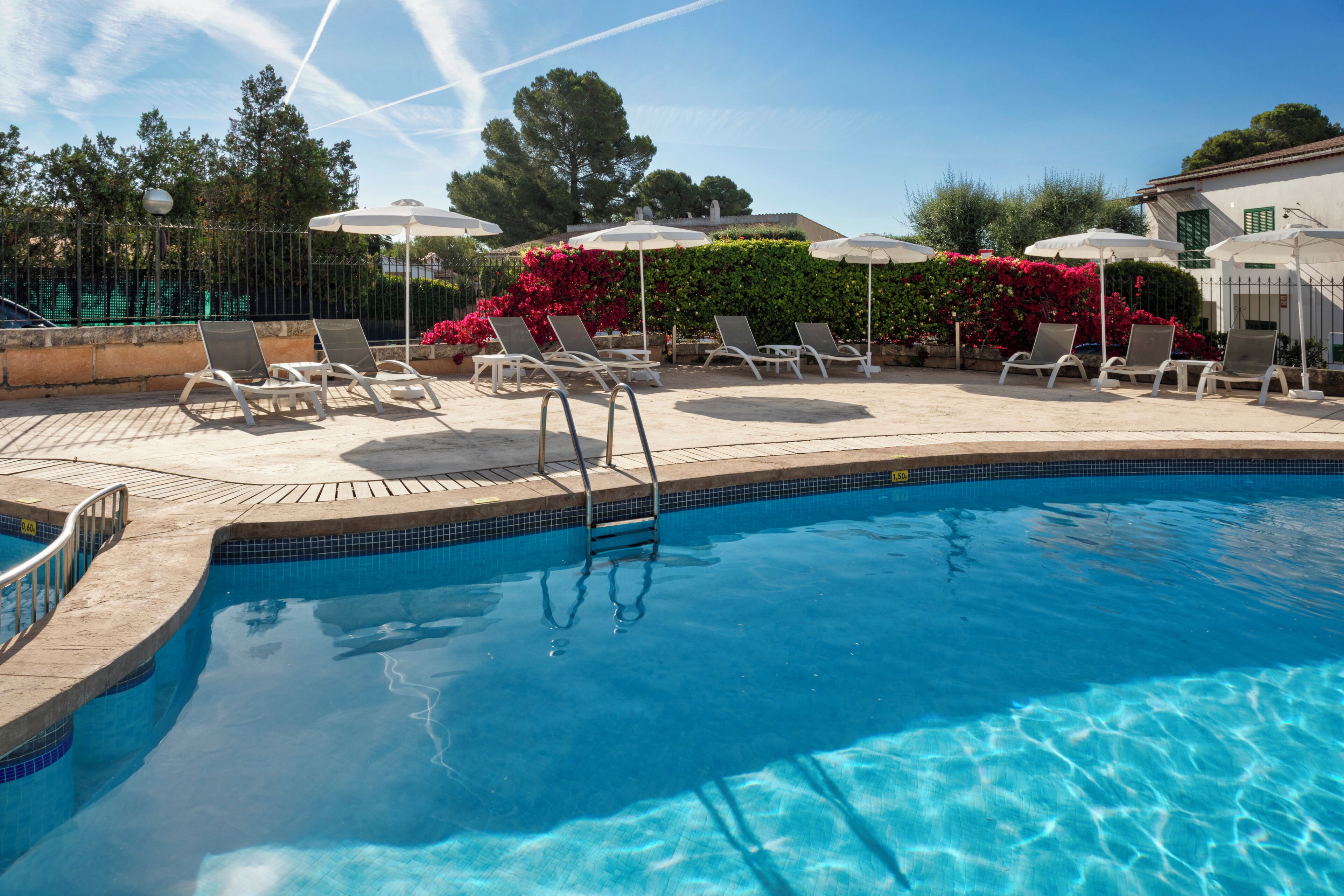 A swimming pool with lounge chairs and umbrellas, surrounded by greenery and a fence.