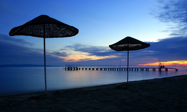 Private beach, sun loungers, beach umbrellas