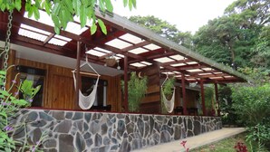 A covered outdoor area with a stone wall, hanging hammocks, and a variety of plants. - Hospedaje Mariposa (Monteverde)