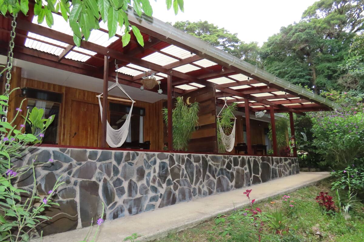 A covered outdoor area with a stone wall, hanging hammocks, and a variety of plants.