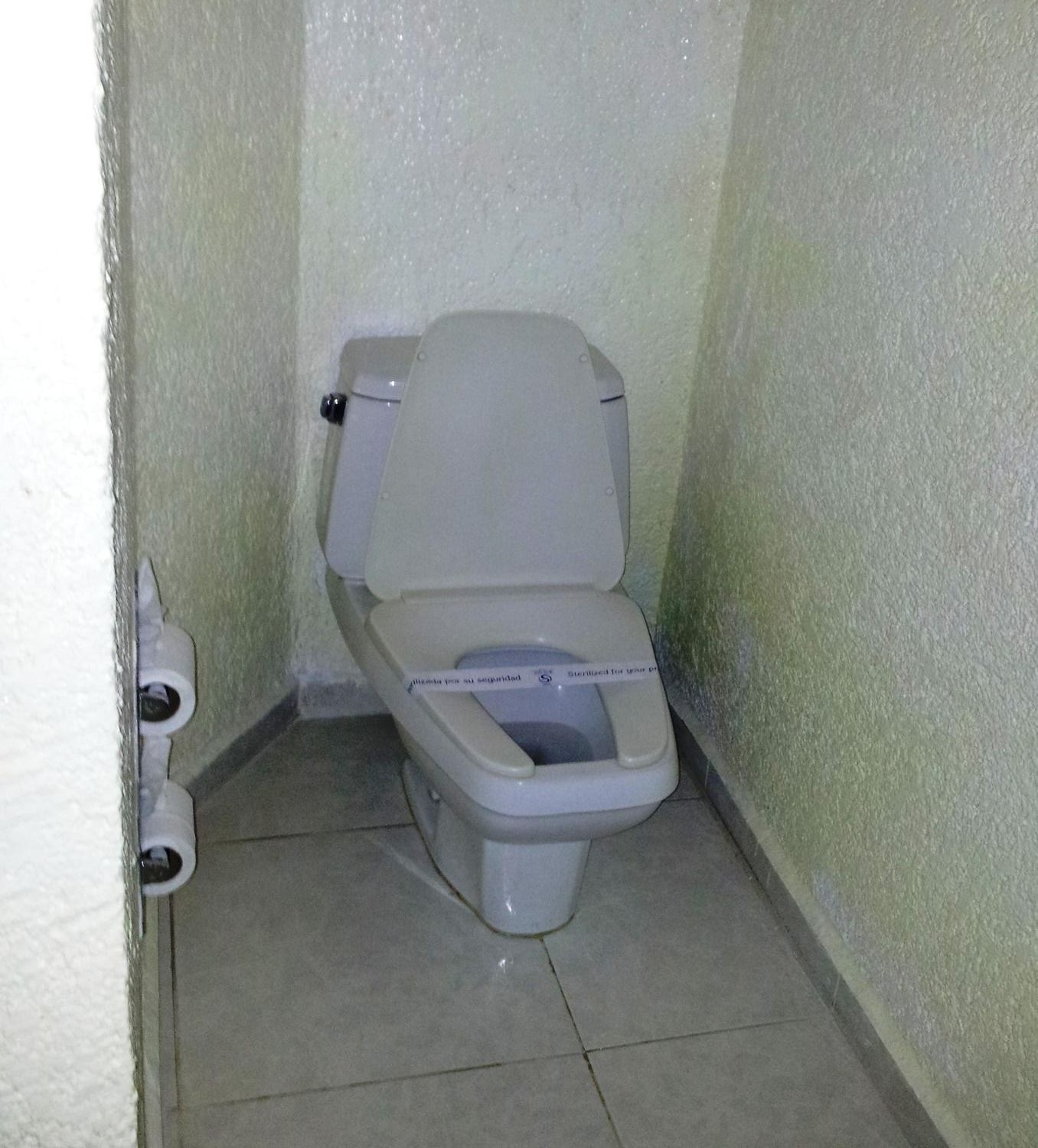 A small, enclosed bathroom with a toilet, a wall-mounted toilet paper holder, and a tiled floor.