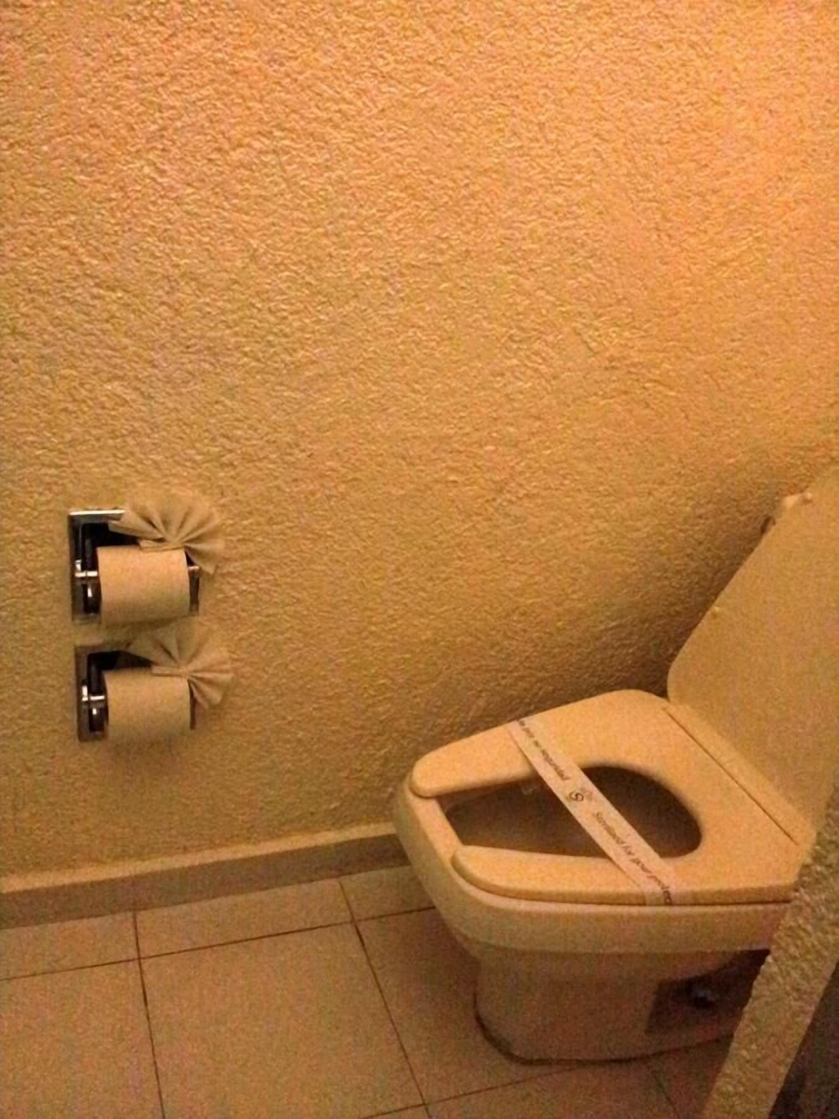 Une salle de bain équipée de toilettes, d’un distributeur de serviettes et d’un porte-rouleau de papier toilette fixé au mur.