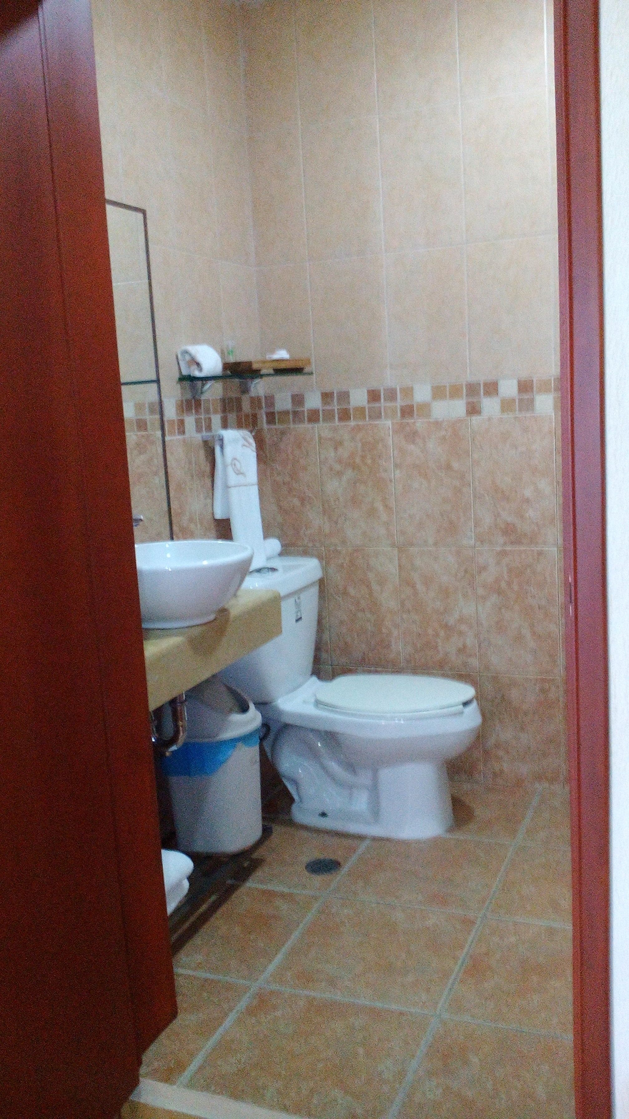 Un baño pequeño con inodoro, lavamanos y espejo.