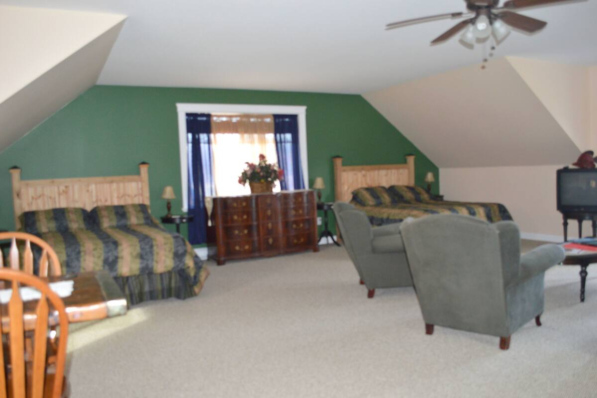A bedroom with two beds, a chair, a dresser, and a ceiling fan.