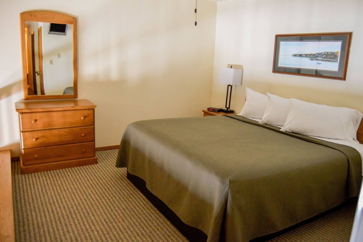 A hotel room with a bed, a dresser, a mirror, a nightstand, a lamp, and a framed picture on the wall.