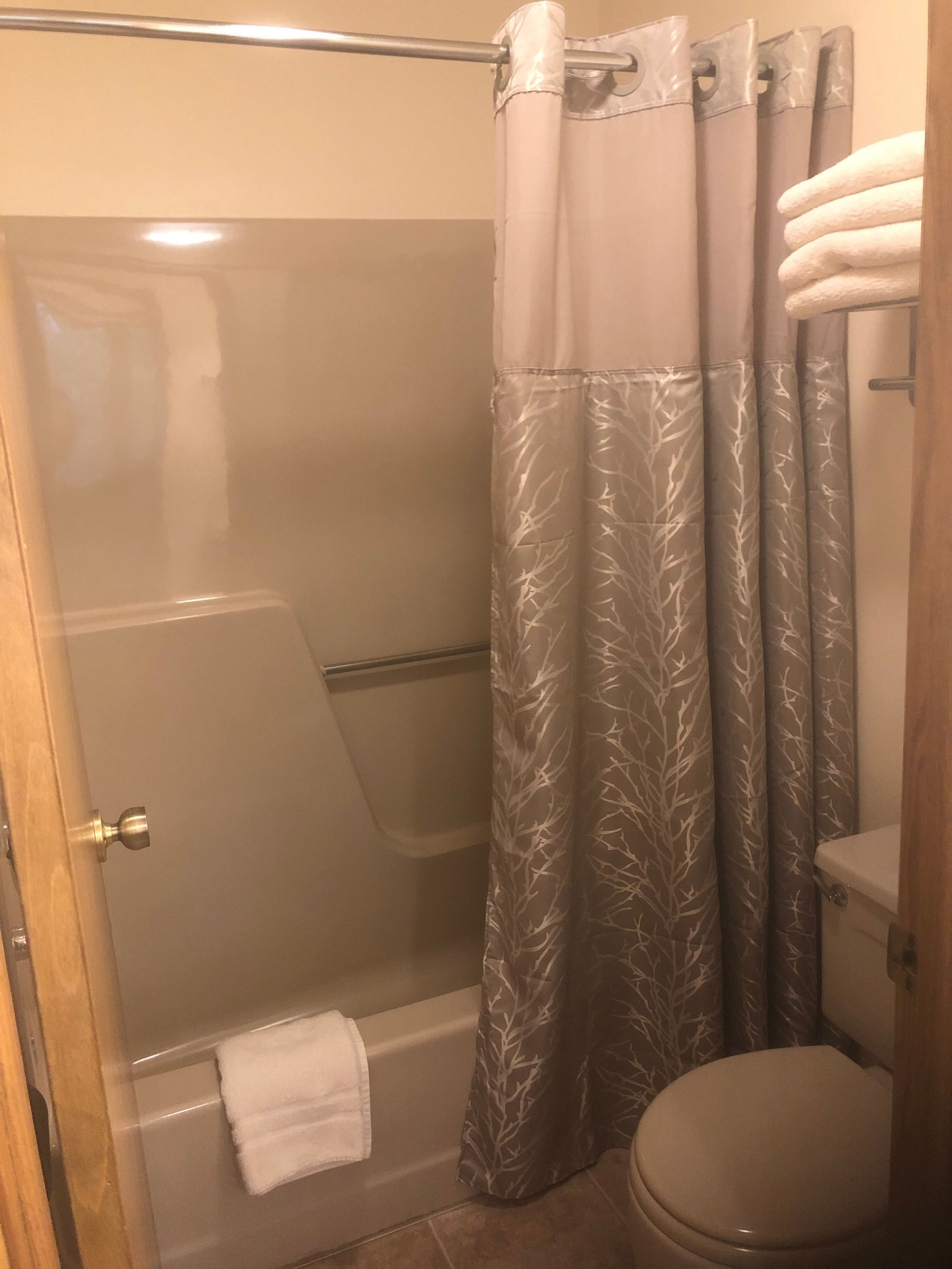 A bathroom with a shower, toilet, and a towel rack.