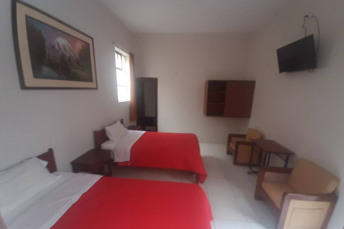 Habitación de hotel con dos camas, un escritorio, una silla, un televisor y un cuadro en la pared.