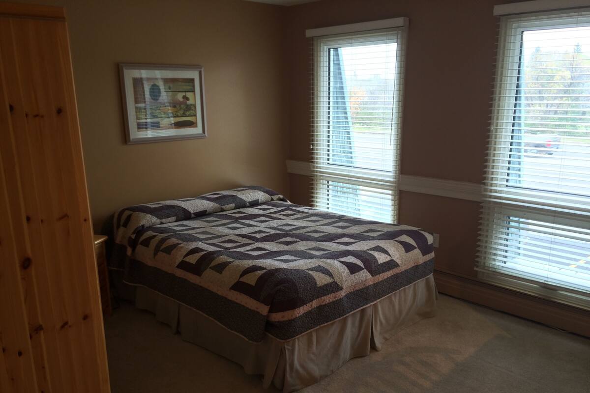 A bedroom with a bed, two windows with blinds, a wooden wardrobe, and a framed picture on the wall.