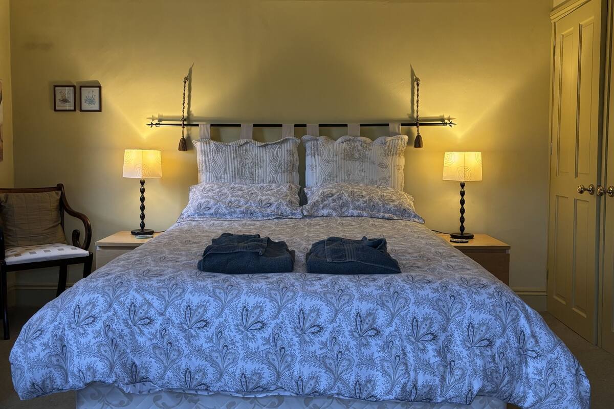 A bed with a patterned bedspread, two pillows, and two bedside lamps.